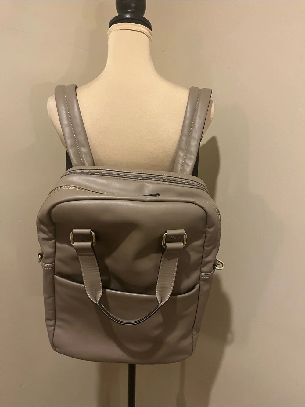 Like New Bugatti Taupe Faux-Leather Convertible Backpack Messenger